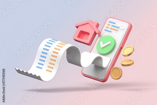3D illustration of a phone with a receipt, house, and coins for financial transactions Business Project Development Concept