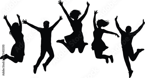 Group of five excited young people silhouettes jumping, celebrating success and joy, freedom, energetic friends team, happy youth achievement, party mood.