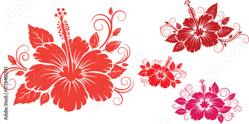Floral arrangement of hibiscus flowers with decorative swirls on a black background