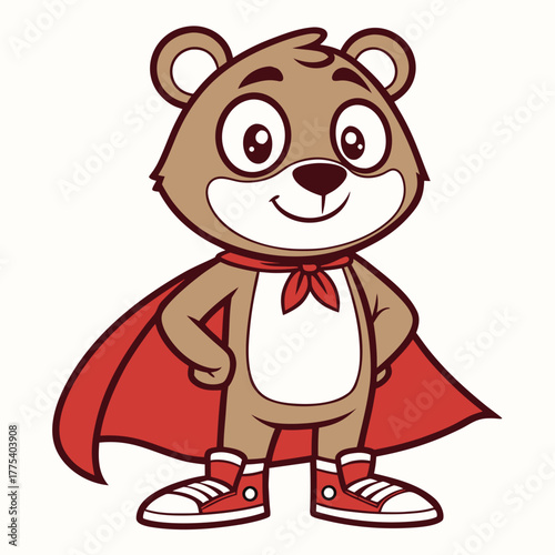 A friendly cartoon superhero bear mascot wearing a red cape and sneakers, standing in a heroic and confident pose