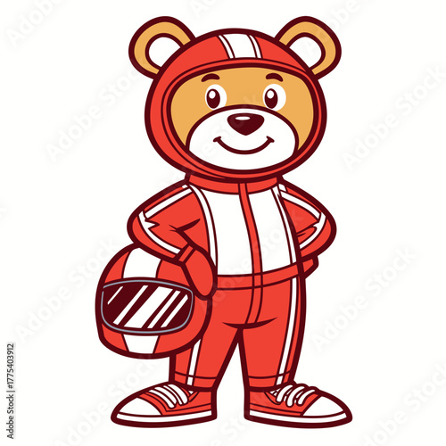Cute cartoon bear character dressed as a racing driver holding a helmet and wearing a racing suit