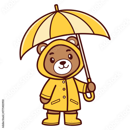 Adorable cartoon teddy bear character in a yellow raincoat and matching boots, holding an open umbrella for rainy day weather protection