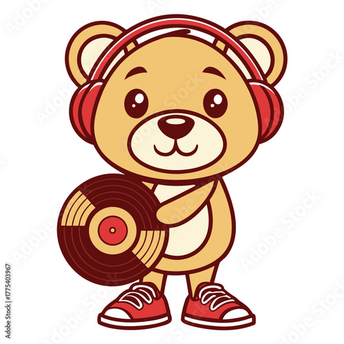Adorable cartoon bear character wearing vibrant red headphones and holding a vintage vinyl record, embodying the spirit of music and entertainment as a cheerful disc jockey