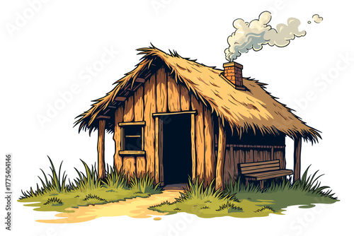 Shepherd hut with smoke, rustic wooden cottage, charming countryside scene, inviting warmth