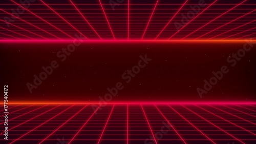 4K futuristic synthwave abstract red hot pink and orange color 80s style retro minimal background animated. Sci-fi seamless looping animation with two grid on top and the bottom
