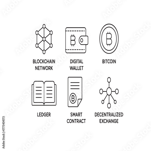Print  Blockchain and Cryptocurrency Line Icons — blockchain network, digital wallet, bitcoin, ledger, smart contract, decentralized exchange**