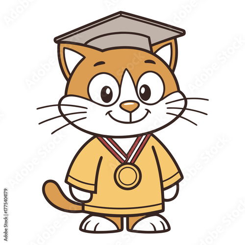 A cute cartoon cat graduate wearing a mortarboard cap and a gold medal. This happy feline mascot symbolizes academic achievement, success, and education