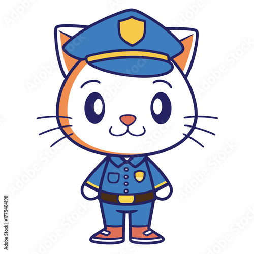 Cute cartoon cat dressed as a police officer with a hat and uniform, friendly and approachable character illustration