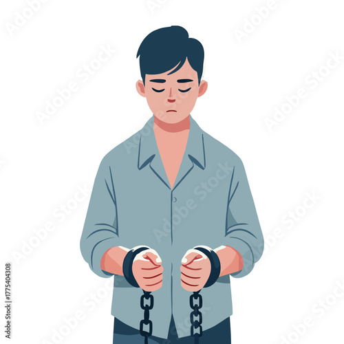 Flat Illustration of Sad Man Shackled with Chain in White Background