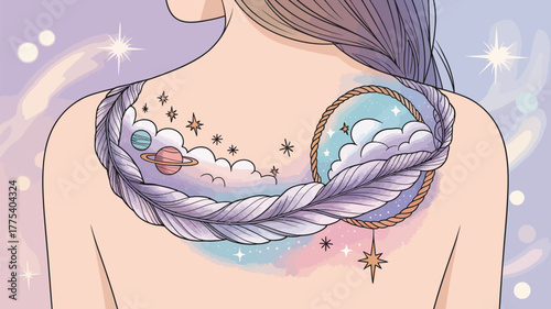 A beautiful woman with flowing hair and a flower decoration on her face in a blue ocean silhouette illustration design