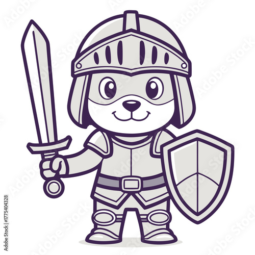 Cute Dog Knight Warrior Holding Sword and Shield, Cartoon Character Illustration
