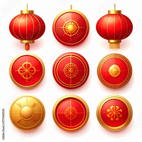 Elegant Red and Gold Chinese Lanterns and Circular Ornaments for Lunar New Year Celebration Vector Illustration
