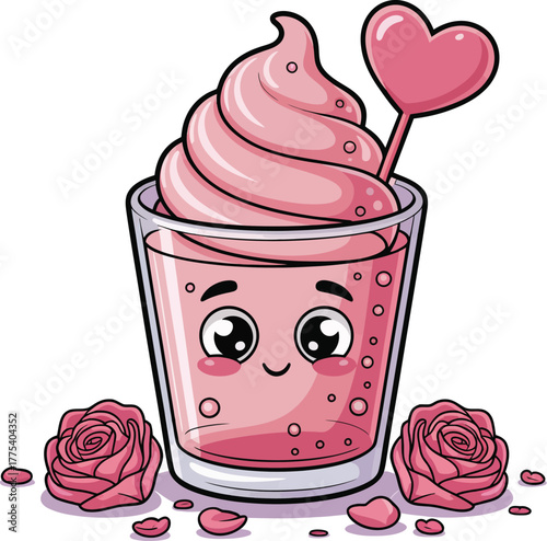 Sweet food dessert vector illustration of a pink cupcake with heart and fresh strawberry jam