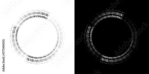 Dynamic abstract spiral sound wave rhythm lines. Circular spiral sound wave rhythm of lines. Circular futuristic abstract lines, black and white background.	