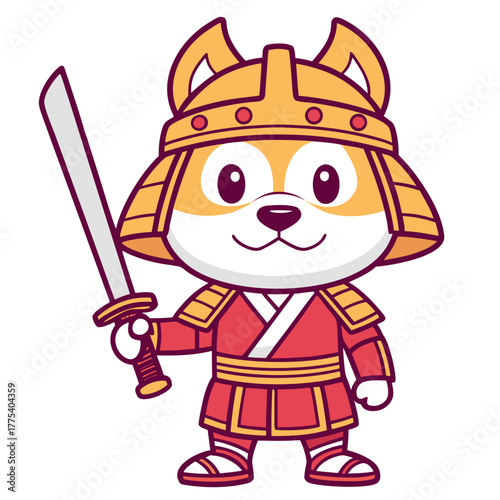 A cute cartoon illustration of a Shiba Inu dog dressed in traditional Japanese samurai armor holding a katana sword