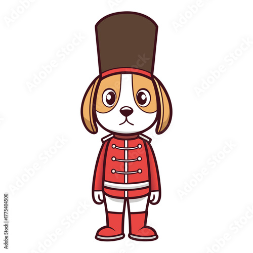 A charming cartoon beagle dog character dressed in a classic red toy soldier uniform with a tall hat