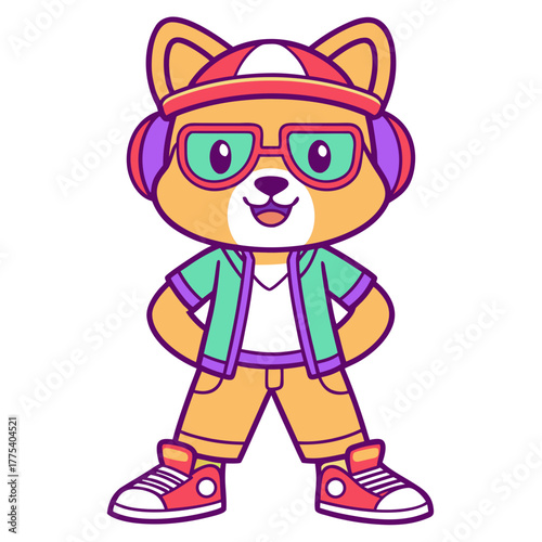 A cheerful and stylish cartoon animal character with a modern, urban look, sporting cool headphones and vibrant sunglasses, embodying a fun and friendly youthful spirit for diverse design projects