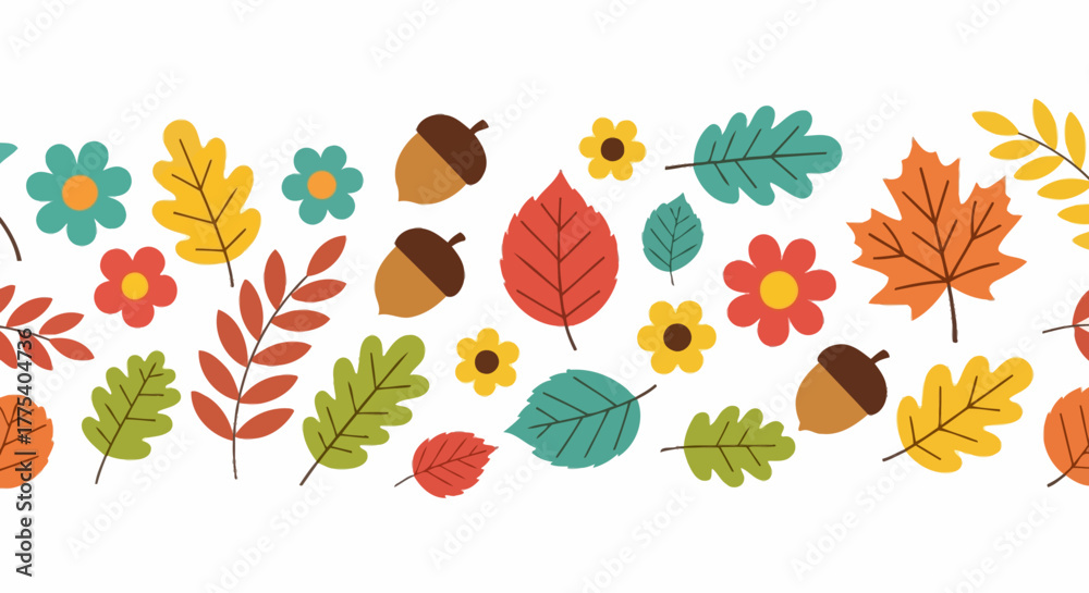 Obraz premium Cute Autumn Leaves & Acorns Border Vector | Whimsical Fall Floral Banner Design