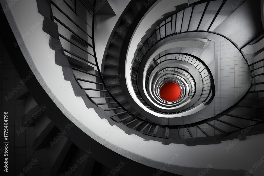 Fototapeta premium looking up at spiral staircase with red dot