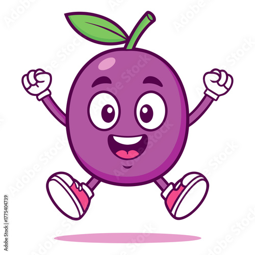 Vibrant purple fruit character cheerfully jumping with arms raised, expressing pure joy and excitement in a playful cartoon illustration
