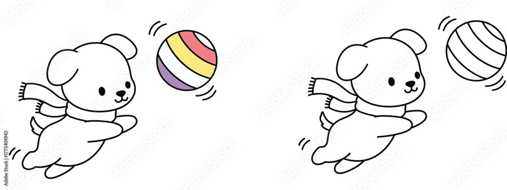 Fototapeta premium Adorable White Puppy Playing with a Colorful Ball - Playful Cartoon Dog Illustration
