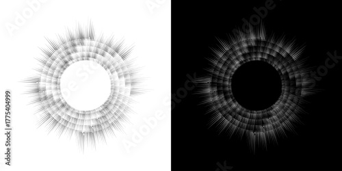 Dynamic abstract spiral sound wave rhythm lines. Circular spiral sound wave rhythm of lines. Circular futuristic abstract lines, black and white background.	