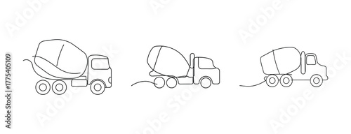 Three simple line drawings of cement mixer trucks ready for construction