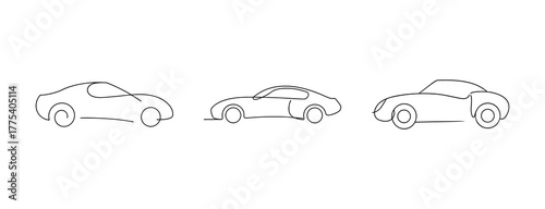 Three outline drawings of a classic sports car from different angles