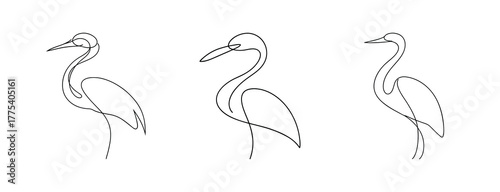 Three delicate line drawings of elegant cranes in profile
