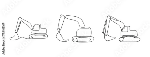 Set of three excavator line drawings for construction and digging projects