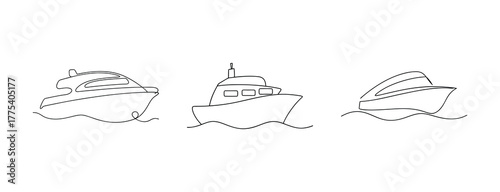 Three stylized ferry boats line art graphics for water transportation concepts