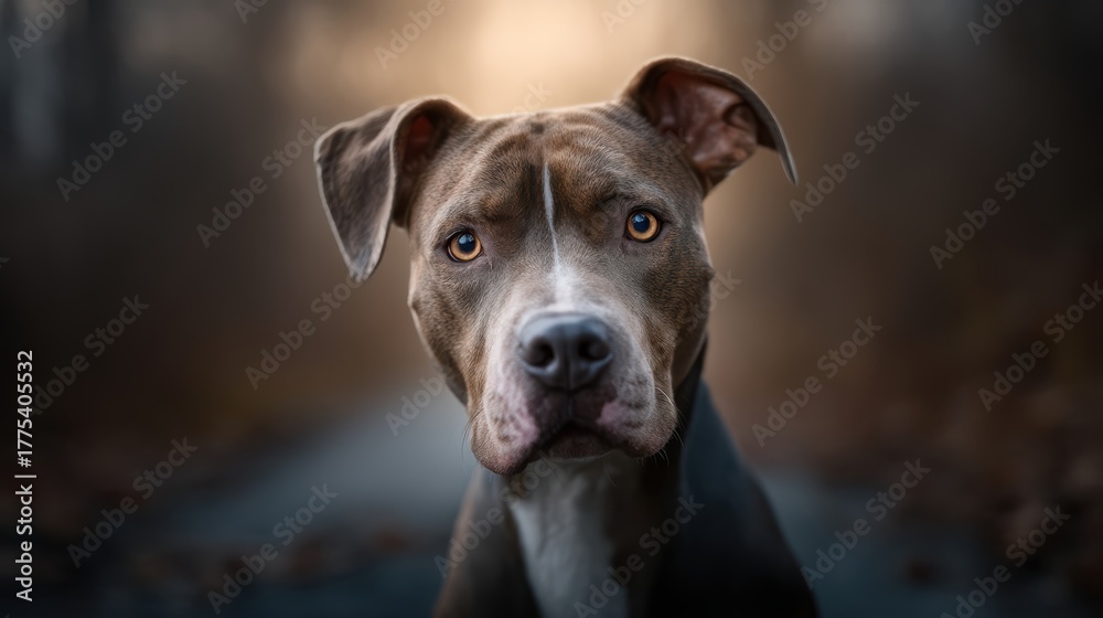 Obraz premium Leashed pit bull on dusk walk