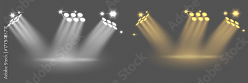Bright stage lighting, spotlight effect. Vector illustration.