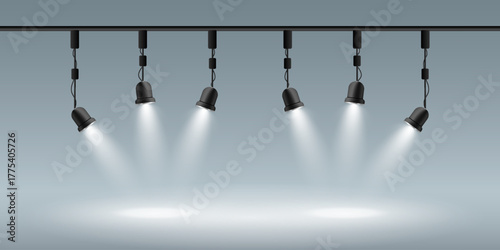 Stage spotlight beams on empty showcase background