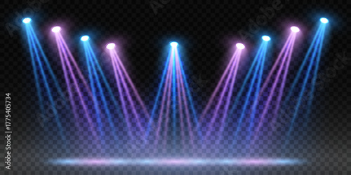 Bright stage lighting, spotlight effect. Vector illustration.