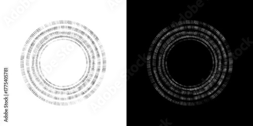 Dynamic abstract spiral sound wave rhythm lines. Circular spiral sound wave rhythm of lines. Circular futuristic abstract lines, black and white background.	