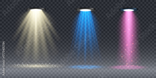 Realistic colorful spotlights with light beams on transparent background