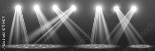 Realistic stage spotlights with bright beams and reflections on transparent background