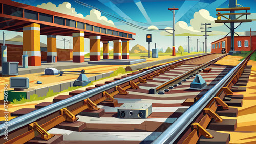 Very beautiful detailed view of railroad track repairs in Emporia, Kansas, USA, showing welded joints, metal textures, and date markings at the main Commercial Street crossing.