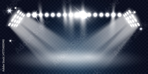 Bright stage lighting, spotlight effect. Vector illustration.
