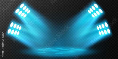 Bright blue concert spotlights create the effect of shining stars on the stage.