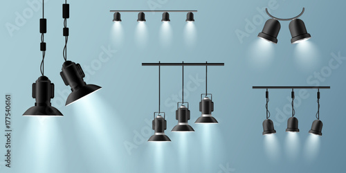 Collection of stage and studio ceiling lamps with light effect