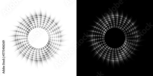 Dynamic abstract spiral sound wave rhythm lines. Circular spiral sound wave rhythm of lines. Circular futuristic abstract lines, black and white background.	