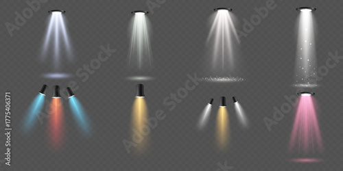 Realistic colorful spotlights with light beams on transparent background