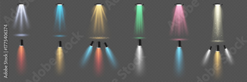 Realistic colorful spotlights with light beams on transparent background