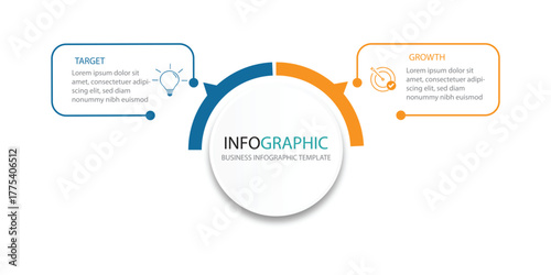 Business Infographic Template Design. minimal concept Timeline with 2 steps, options and marketing icons. Vector linear infographic with two connected elements. 
