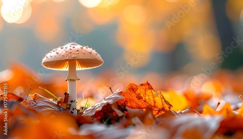 Mushroom gleaming in fall foliage, soft golden light, dreamy bokeh, autumn leaves abound