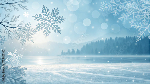 Magical winter landscape with falling snowflakes and frozen lake