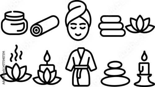 Spa and wellness elements featuring relaxation and beauty essentials icon set