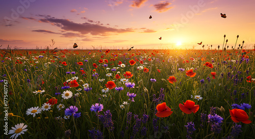 Fototapeta Naklejka Na Ścianę i Meble -  Vibrant wildflower meadow at sunset with butterflies and dramatic sky